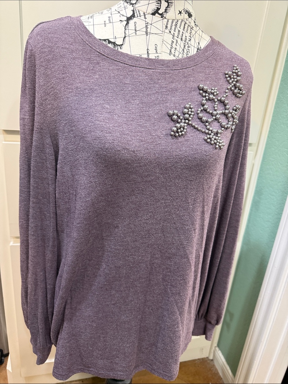 Lane Bryant Lavender Pearl Floral-Accent Long Sleeve Top